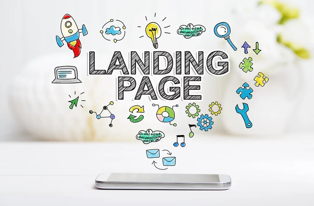 Landing page with icons emerging from phone screen