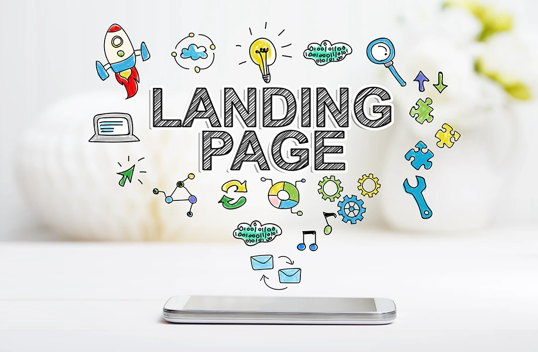 Landing page with icons emerging from phone screen